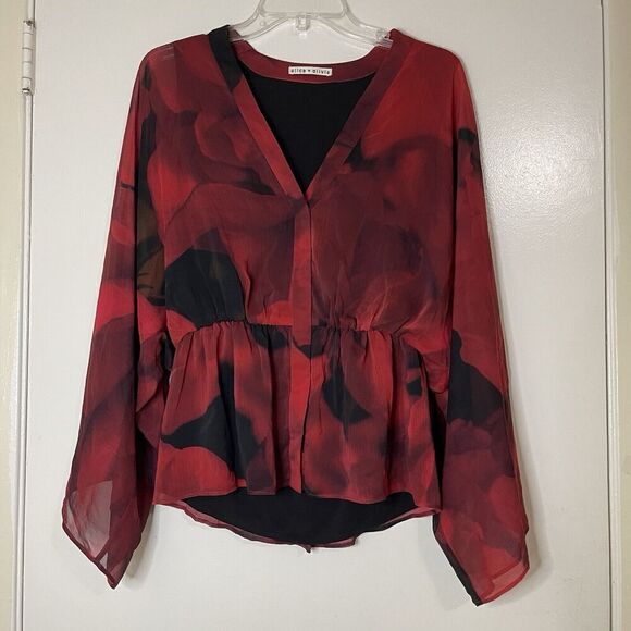 ALICE + OLIVIA Red floral chiffon cinch waist v-neck kimono sleeve blouse small - Picture 1 of 5